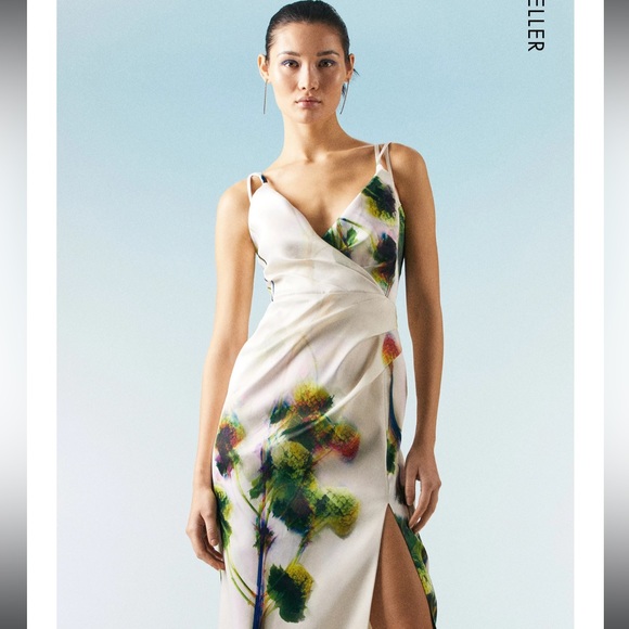 OOTO LONDON Italian Structured Satin Strappy Floral Dress - Picture 2 of 4